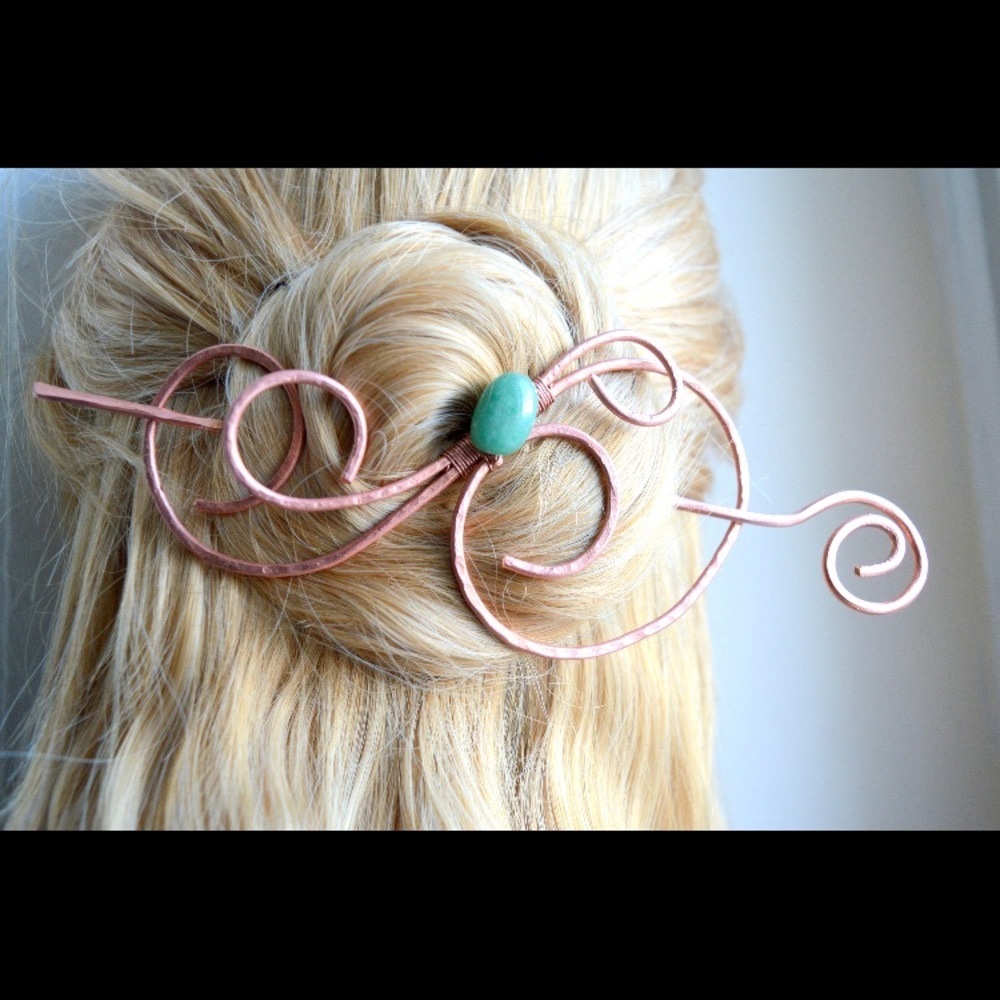 NWOT Copper Barrette Wire Wrapped Aventurine Stone Shawl Pin Brooch